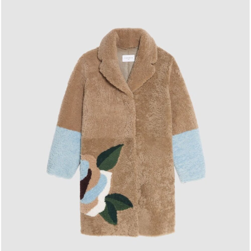 Sandro Tan and Blue Floral Shearling Coat